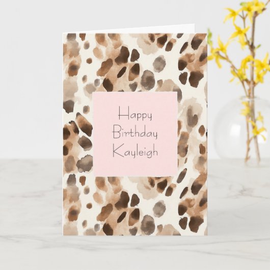 Chic Cream Brown Leopard Animal Pink Birthday カード (黄色い花)