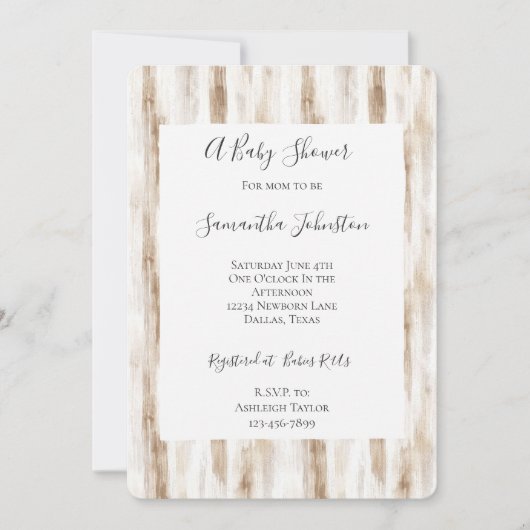 Chic Cream Brown Stripes Baby Shower 招待状 (正面)