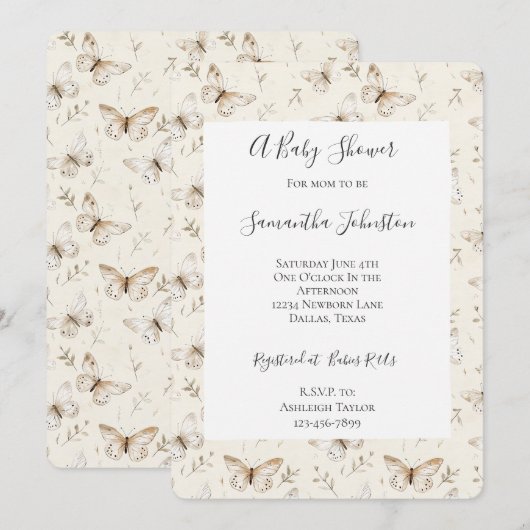 Chic Cream Butterflies Baby Shower 招待状 (正面/裏面)