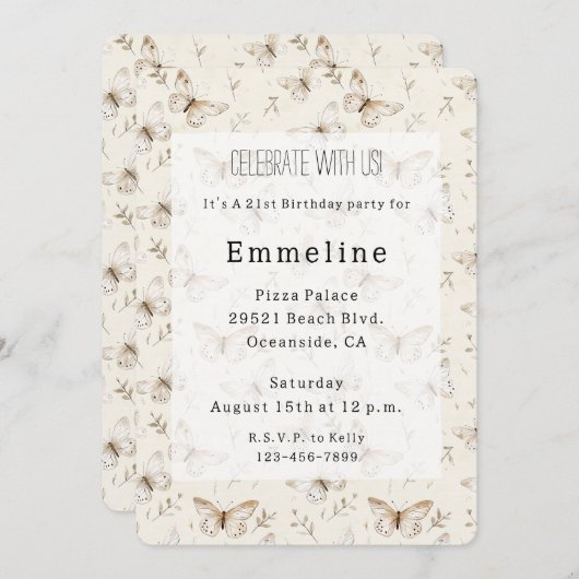 Chic Cream Butterflies Birthday 招待状 (正面/裏面)