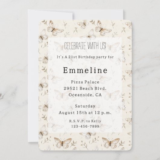 Chic Cream Butterflies Birthday 招待状 (正面)