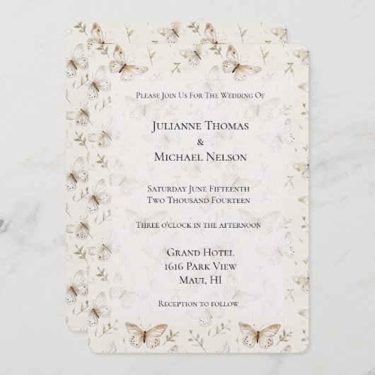 Chic Cream Butterflies Wedding 招待状 (正面/裏面)