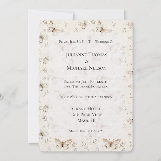 Chic Cream Butterflies Wedding 招待状 (正面)