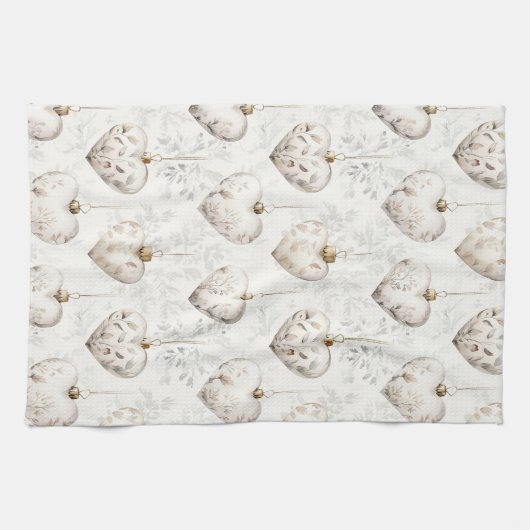 Chic Cream Grey Hearts Ornaments キッチンタオル (横)