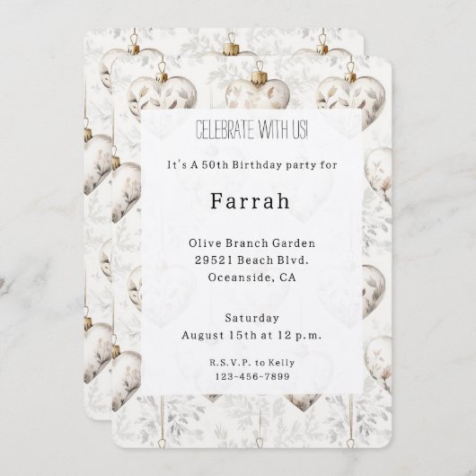 Chic Cream Grey Hearts Ornaments Birthday   招待状 (正面/裏面)