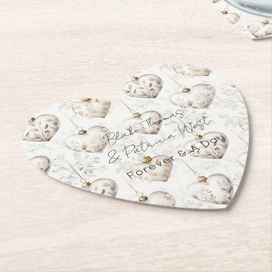 Chic Cream Grey Hearts Ornaments Wedding ペーパーコースター (アングル)