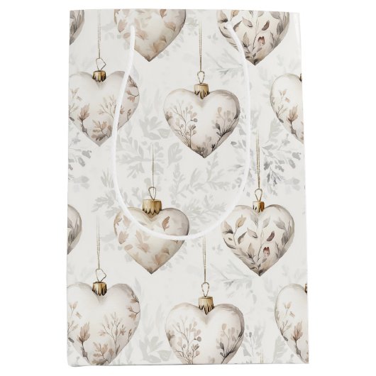 Chic Cream Grey Hearts Ornaments Wedding ミディアムペーパーバッグ (正面)