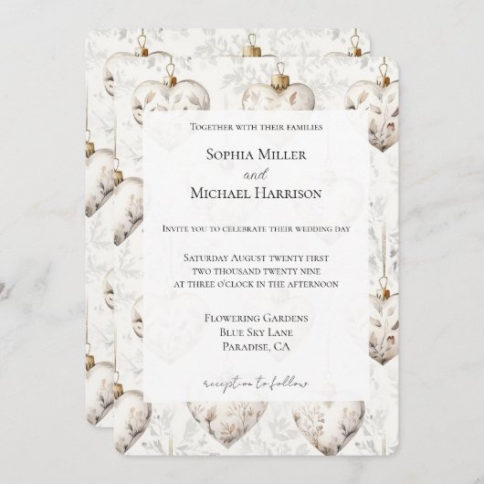 Chic Cream Grey Hearts Ornaments Wedding 招待状 (正面/裏面)