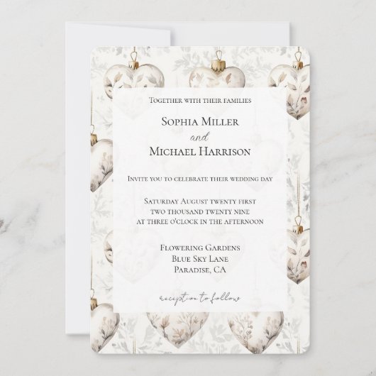 Chic Cream Grey Hearts Ornaments Wedding 招待状 (正面)