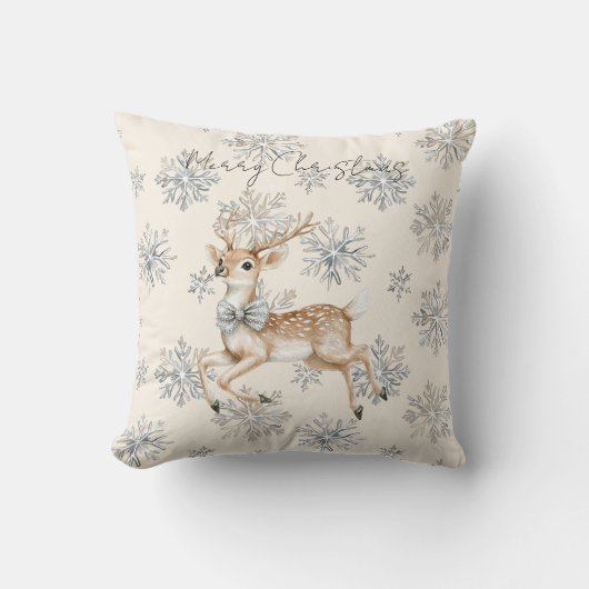 Chic Cream Silver Bow Reindeer Christmas クッション (正面)
