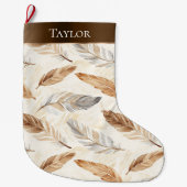 Chic Cream White Brown Feathers Christmas   ラージクリスマスストッキング (正面)