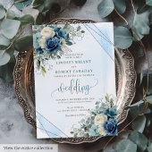 Chic Dark Blue White Silver Wedding Invitation  招待状