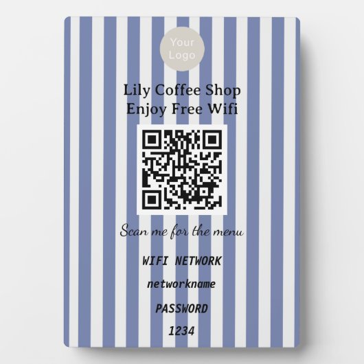 Chic Dark Blue & White Stripes QR Code Wifi フォトプラーク (正面)