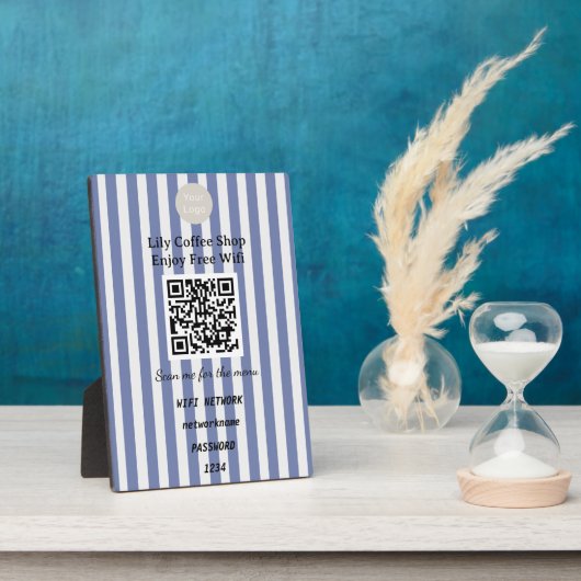 Chic Dark Blue & White Stripes QR Code Wifi フォトプラーク (側面)