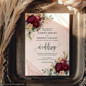 Chic Dark Red Gold Blush Flowers Rustic Wedding 招待状