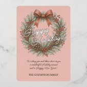 Chic December Holly Wreath With Red Bow On Silver 箔シーズンカード (正面)