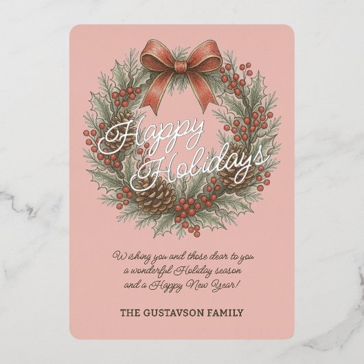 Chic December Holly Wreath With Red Bow On Silver 箔シーズンカード (正面)