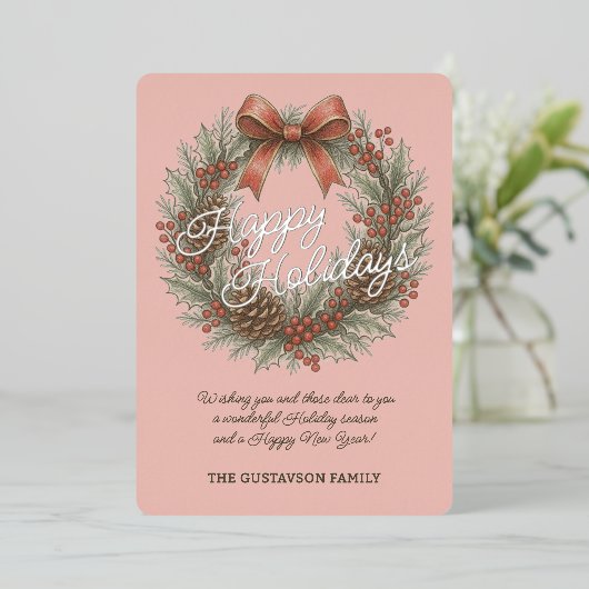 Chic December Holly Wreath With Red Bow On Silver 箔シーズンカード (立ち正面)