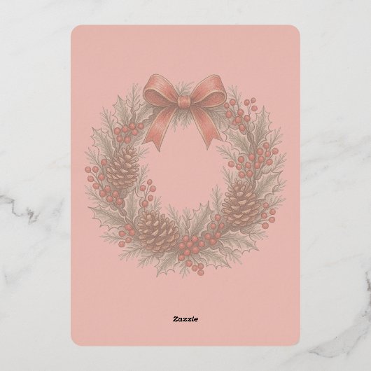 Chic December Holly Wreath With Red Bow On Silver 箔シーズンカード (裏面)