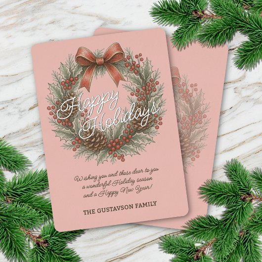 Chic December Holly Wreath With Red Bow On Silver 箔シーズンカード