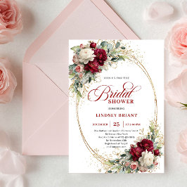 Chic Deep Red Floral Gold Bridal Shower Invitation 招待状