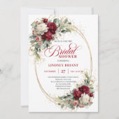 Chic Deep Red Floral Gold Bridal Shower Invitation 招待状 (正面)
