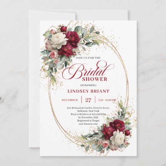 Chic Deep Red Floral Gold Bridal Shower Invitation 招待状 (正面)