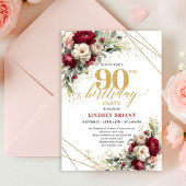 Chic Deep Red Gold Roses 90th Birthday Invitation  招待状