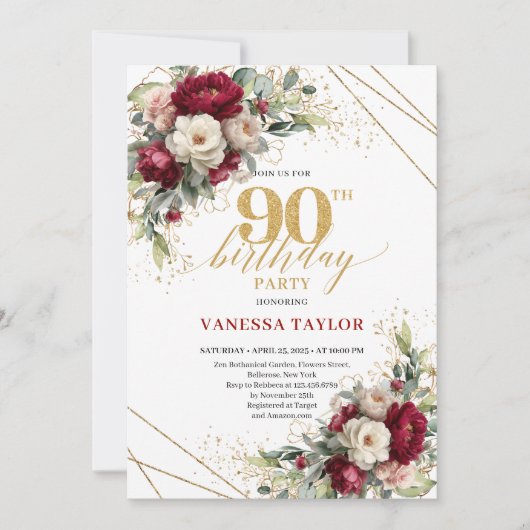 Chic Deep Red Gold Roses 90th Birthday Invitation  招待状 (正面)