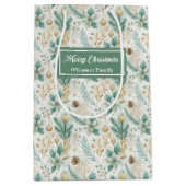 Chic Dill Green Gift Bag Elegant Christmas Floral ミディアムペーパーバッグ (正面)