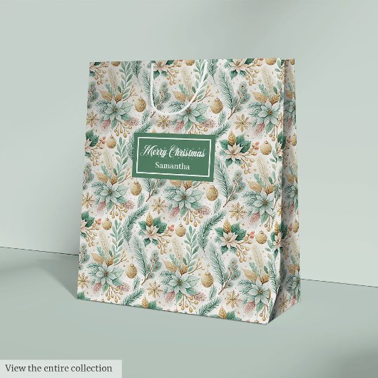 Chic Dill Green Gift Bag Elegant Christmas Floral ミディアムペーパーバッグ