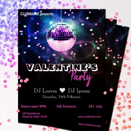 Chic Disco Ball Modern Valentine's Day Party Flyer チラシ