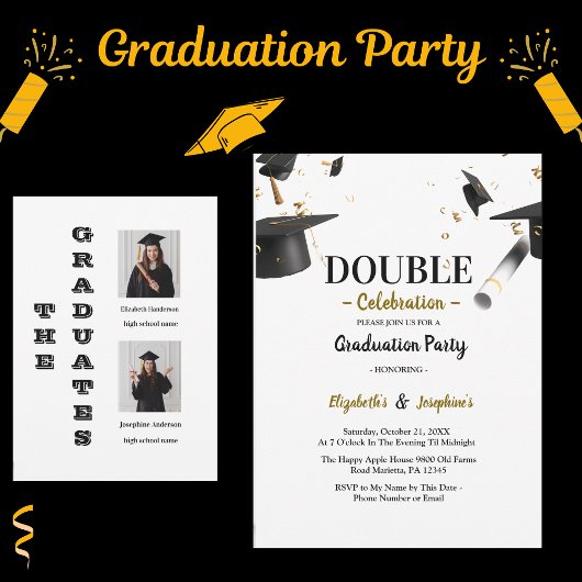 Chic Double Graduation Two Photo Graduates 招待状