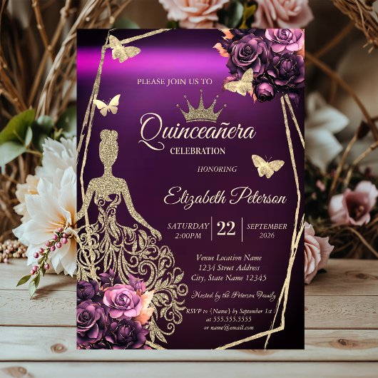 Chic Dress,Butterfly Violet Roses Quinceañera 招待状