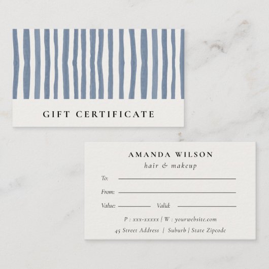 Chic Dusky Blue Watercolor Strips Gift Certificate 名刺 (正面/裏面)