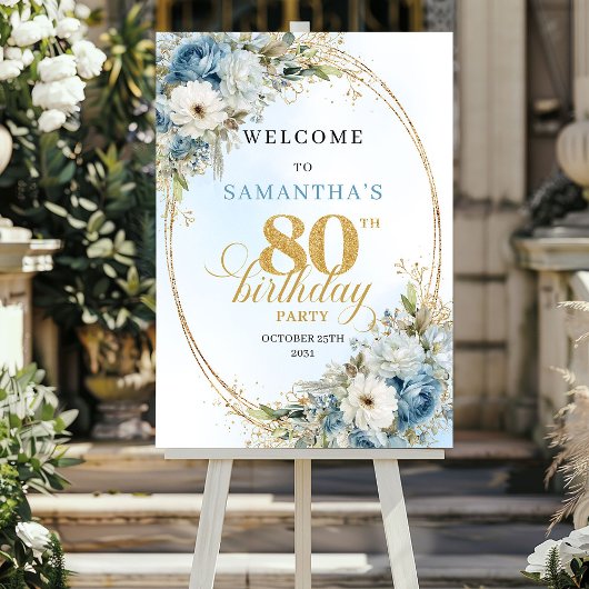 Chic Dusty Blue 80th Birthday Welcome Poster ポスター