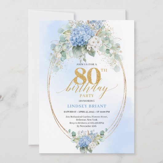 Chic Dusty Blue Eucalyptus 80th Birthday Invite 招待状 (正面)
