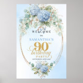 Chic Dusty Blue Floral 90th birthday welcome ポスター (正面)