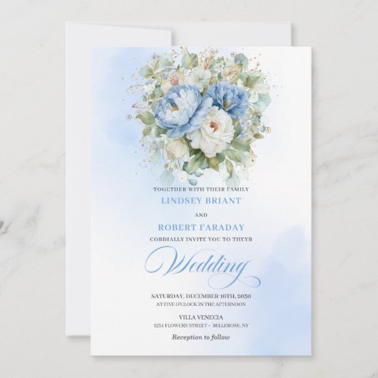 Chic Dusty Blue Floral Botanical Wedding Invite 招待状 (正面)