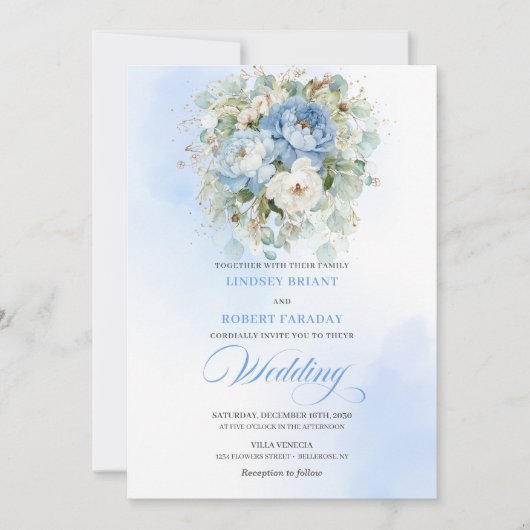 Chic Dusty Blue Floral Digital Wedding Invite 招待状 (正面)