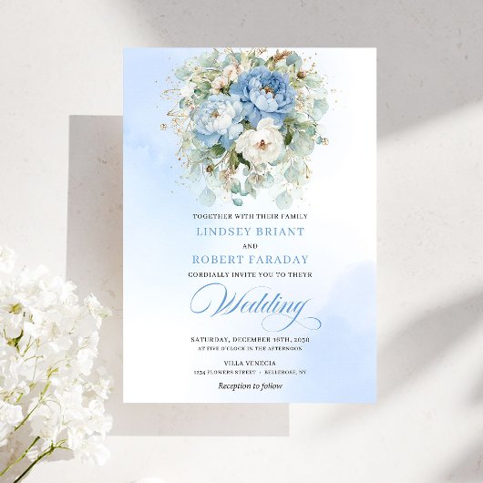 Chic Dusty Blue Floral Digital Wedding Invite 招待状