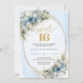 Chic Dusty Blue Floral Eucalyptus Sweet 16 Invite 招待状 (正面)