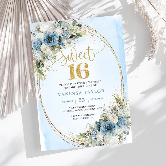 Chic Dusty Blue Floral Eucalyptus Sweet 16 Invite 招待状