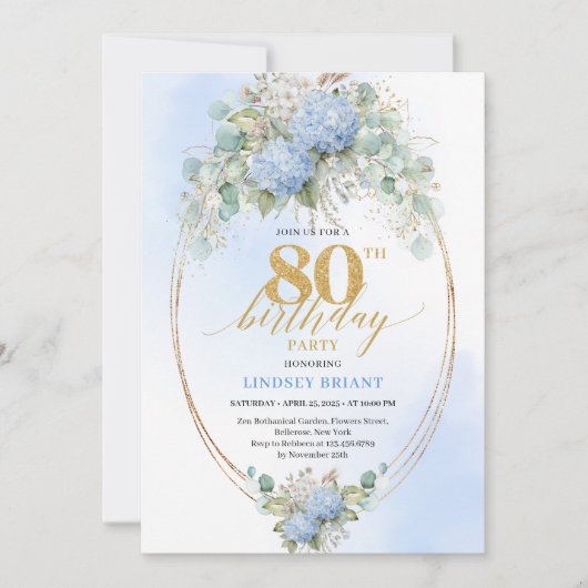 Chic Dusty Blue Floral Gold 80th Birthday Invite 招待状 (正面)