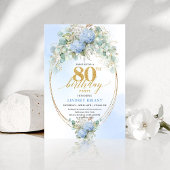 Chic Dusty Blue Floral Gold 80th Birthday Invite 招待状