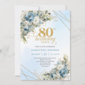 Chic Dusty Blue Floral Gold 80th Birthday Invites 招待状 (正面)