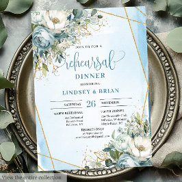 Chic Dusty Blue Floral Gold Glitter Dinner Invites 招待状