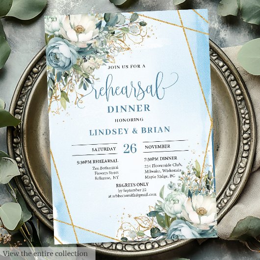 Chic Dusty Blue Floral Gold Glitter Dinner Invites 招待状