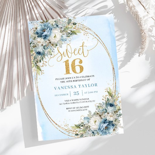 Chic Dusty Blue Floral Sweet 16th Birthday Invites 招待状