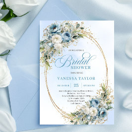 Chic Dusty Blue Flowers Gold Bridal Shower Invite 招待状